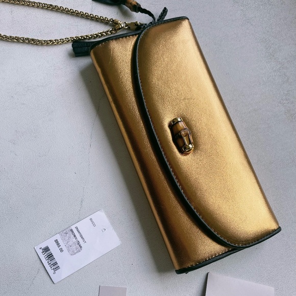 GUCCI BAMBOO GOLD LEATHER CLUTCH BAG - Picture 1 of 7